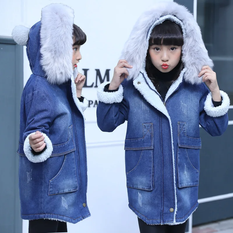 

autumn Winter Girls Jacket Children Clothes Denim Jackets Long Warm Clothing Kids faux fur Coats Cotton Hooded Outwear For Girl