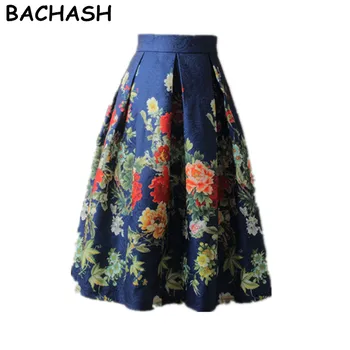 

BACHASH Floral Print Ball Gown Pleated Midi Skirt Fashion 2018 Spring Summer Vintage Saias For Women Girl Casual Skater Skirt