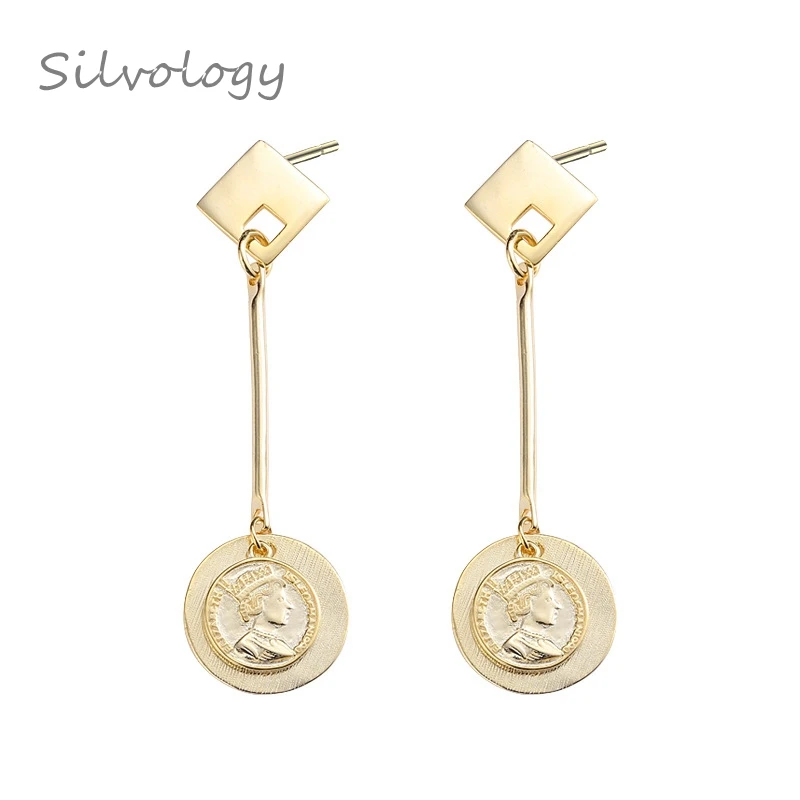 Silvology серебро 925 пробы квадратная длинная фигура монета серьги гвоздики Золотая