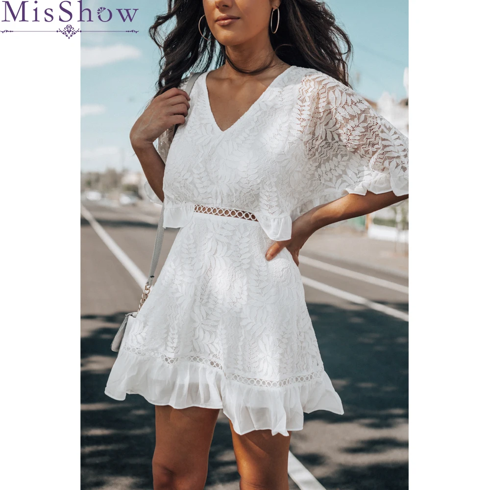 

2019 New Fashion Ruffles Butterfly Sleeves Summer Women Lace Dress V-Neck A-Line Beach Style Above Knee Mini Dress Vestidos
