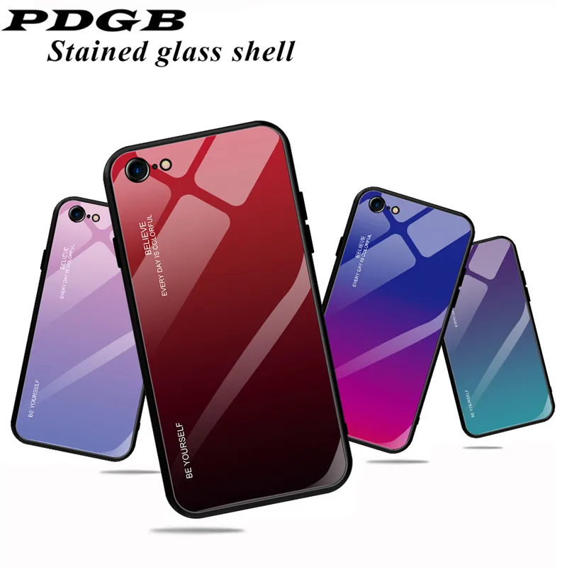 

PDBG TPU Case for iPhone X XS Max XR 6 6s Plus 7 8 Plus Gradient Color Tempered Glass Back Cover Soft Silicone Soft Edge Shell