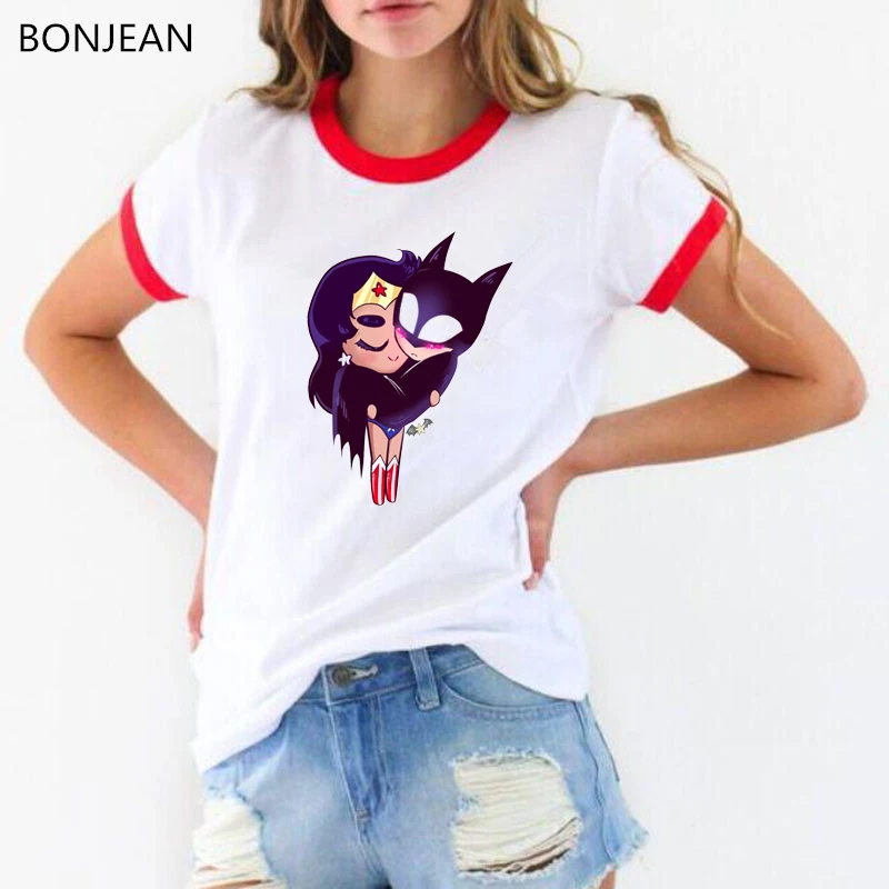 Летние топы с рисунком Бэтмена и женщины-кошки, Женская Футболка harajuku kawaii, женская белая забавная футболка, женская уличная одежда