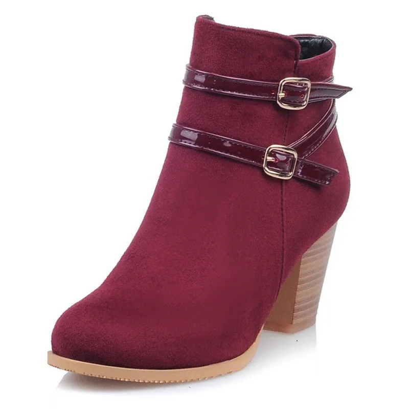 Женские ботильоны из флока на высоком каблуке; сезон осень-зима; женская обувь на каблуке; модная женская обувь с пряжкой; цвет черный, красный, синий; обувь на молнии с круглым носком; A249 - Цвет: Red