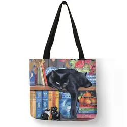 Масло с изображением кота печати для женщин Tote сумки Лен многоразовые хозяйственная сумка на плечо для 2018 sac основной дамы