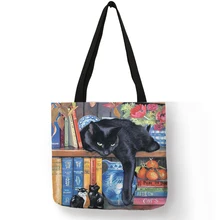 Oil Painting Cat Print Women Tote Bags Linen Reusable Shopping Bag Shoulder Bags for Women 2019 sac a main ladies handbags