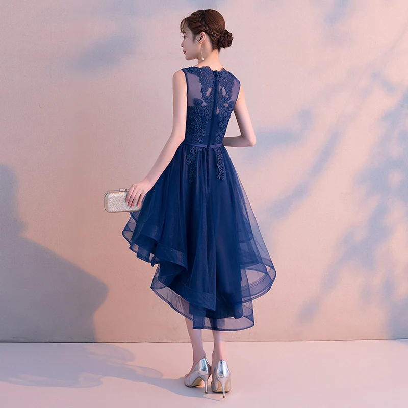 Robe de soiree, темно-синее кружевное вечернее платье без рукавов с круглым вырезом, вечерние платья с коротким передом и длинной спинкой, платья для выпускного вечера
