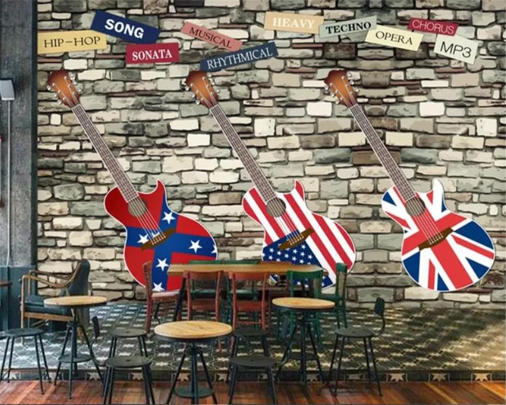 На заказ 3d обои Европа и Америка ретро-гитара кирпичная стена бар кофейня фон стены Гостиная Спальня 3d обои