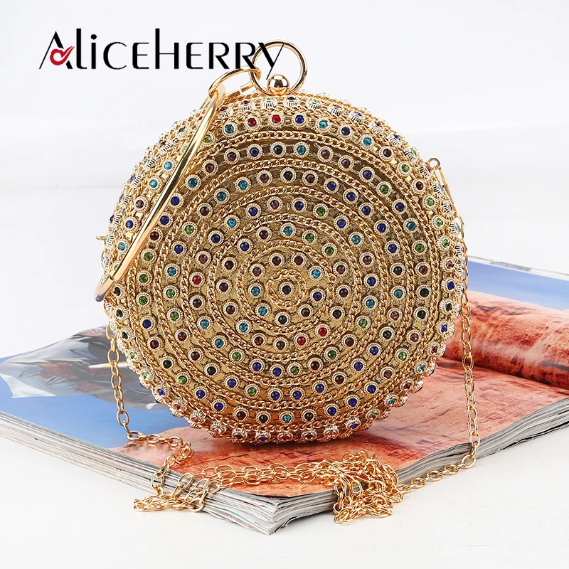 

Luxury Women Round Gold Colour Crystal Clutch Evening Makeup Bag Metal Clutches Wedding Party Bridal Shoulder Handbag Ring Purse