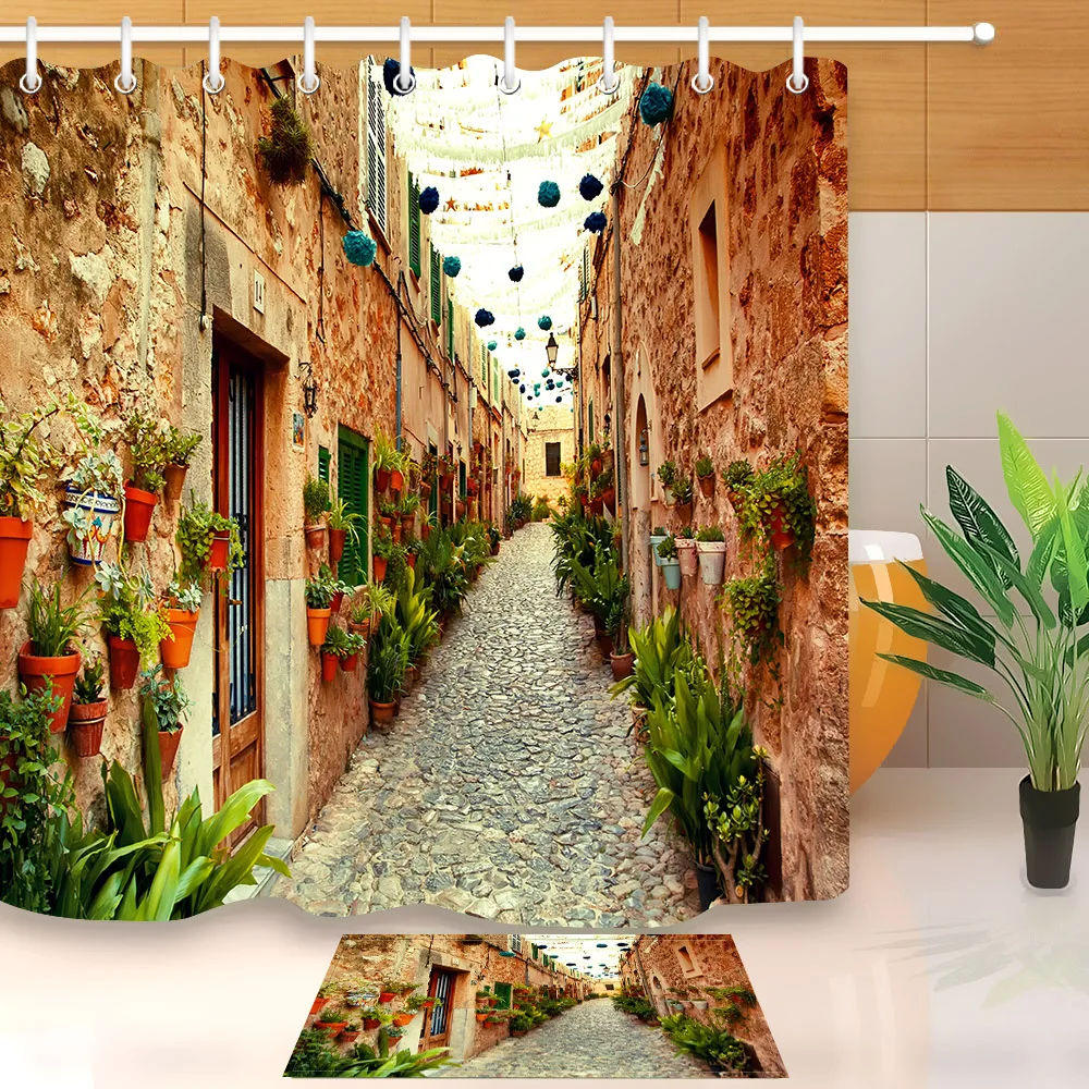 LB Beautiful Street in Western Village Shower Curtain with Mat Set Modern Landscape Bathroom