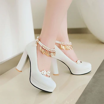 

2019 spring new waterproof platform metal decorative flower high heels one button buckle with women's shoes