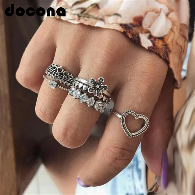 Docona Dell'annata Del Cuore Del Fiore Forma di Corona Anelli Set per le Donne D Docona Dell'annata Del Cuore Del Fiore Forma di Corona Anelli Set per le Donne D