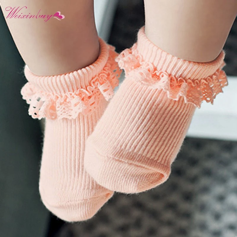 Милые Новорожденные Девочки Малыши носки Детские Белый Розовый нарядный кружевной отделкой рюшами противоскользящие носки