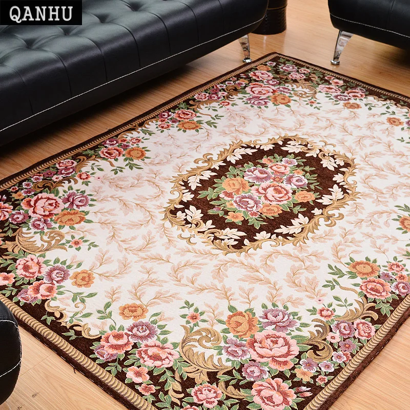

QANHU Pastoral Jacquard Carpet Living Room Bedroom Anti-Slip Flower Embroidery Carpets And Floor Mats 5 Colors #T-02