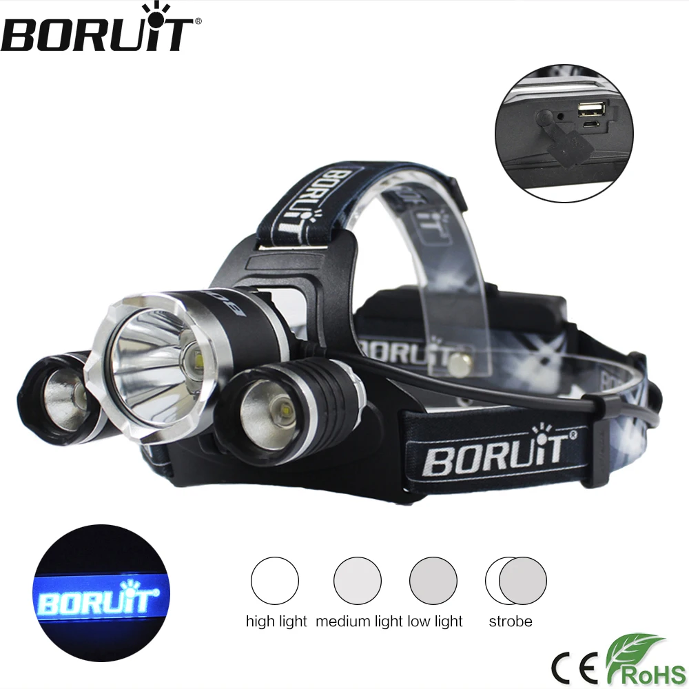

BORUiT XM-L2 LED Headlight 4 Modes USB Charger Headlamp Memory Function Power Bank Head Torch Camping Hunring Flashlight
