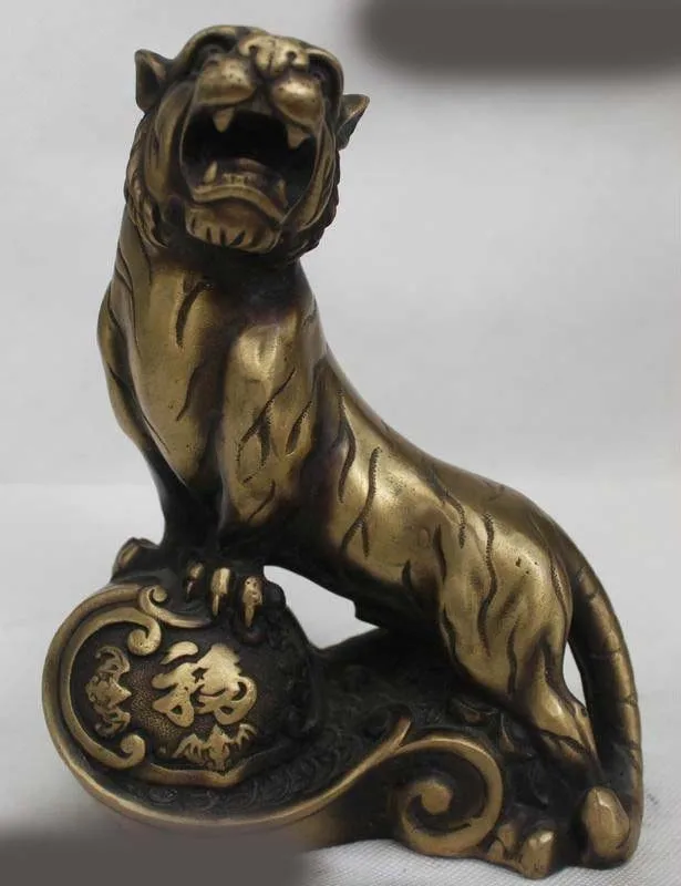

8"China Chinese Fengshui Bronze Zodiac Year Money Wealth Fu Tiger Rock Statue