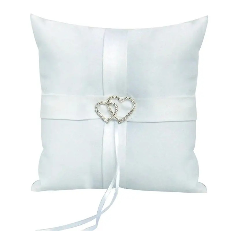 

10*10cm Sparkling Rhinestones Double Heart Bridal Wedding Ceremony Ring Bearer Pillow With Ribbons (White)