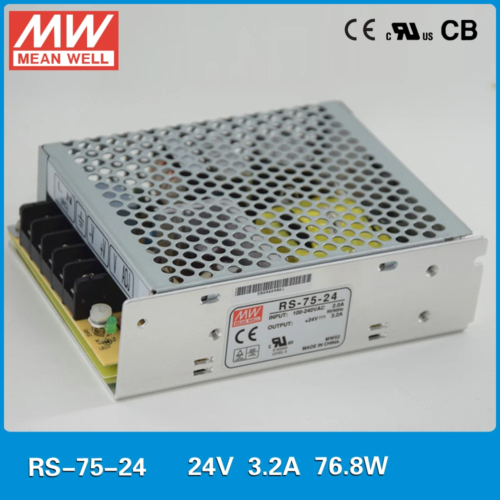 

Original MEAN WELL Power Supply 24V 75W 3.2A Meanwell RS-75-24 UL TUV CB EMC CE approved 110/220VAC to 24VDC power supply SMPS