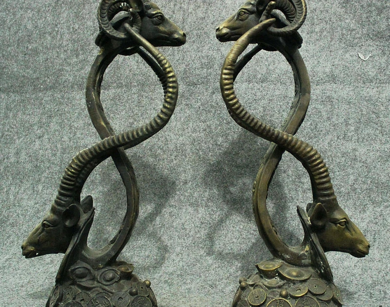 

16" Old Chinese FengShui Bronze Goat Antelope Gazelle Head RuYi Coin Statue Pair