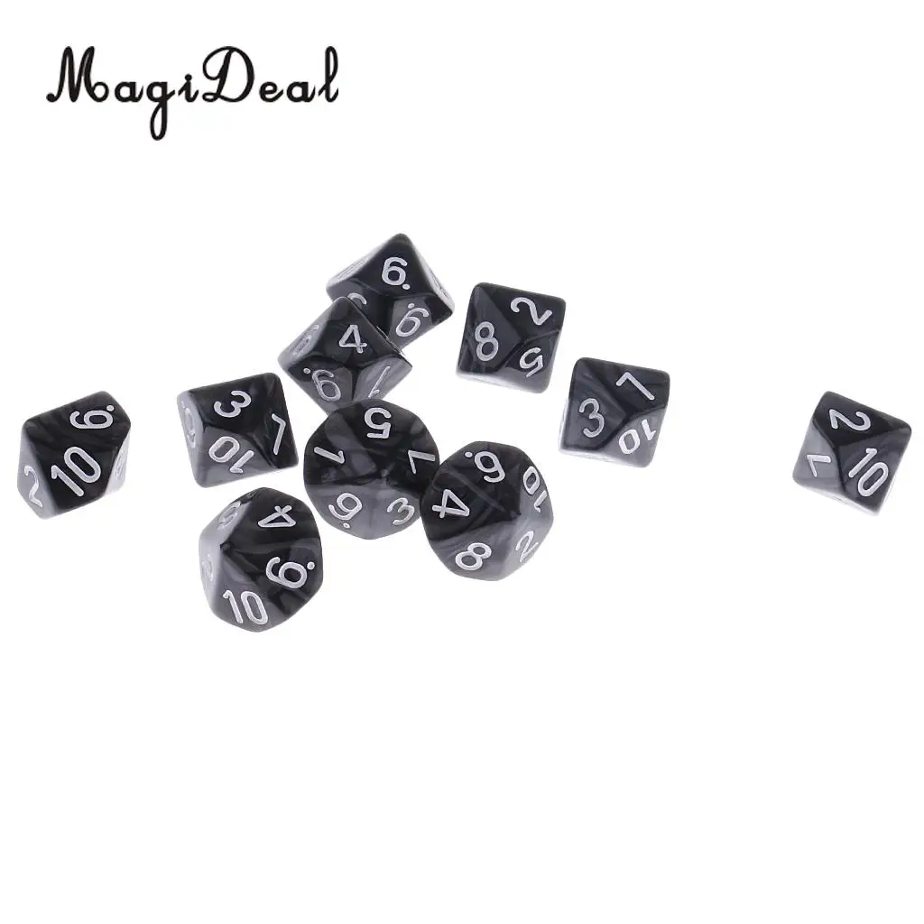 MagiDeal New Hot Sale 10Pcs Plastic Polyhedral 10-Sided Dice D10 for Funny Family Party Bar Club Dice Game Acce 5 Colors Option