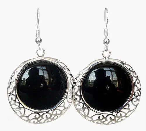 

wb003 Silver Dream Black Agate Inlay Hollow Out Design Earrings