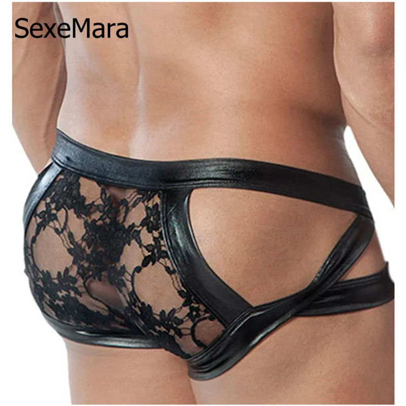 2017 New Leather Bikinis Underwear Male Thong Sexy Jockstrap Hollow Design Mens Briefs Men Sex Underpants Gay Underwear