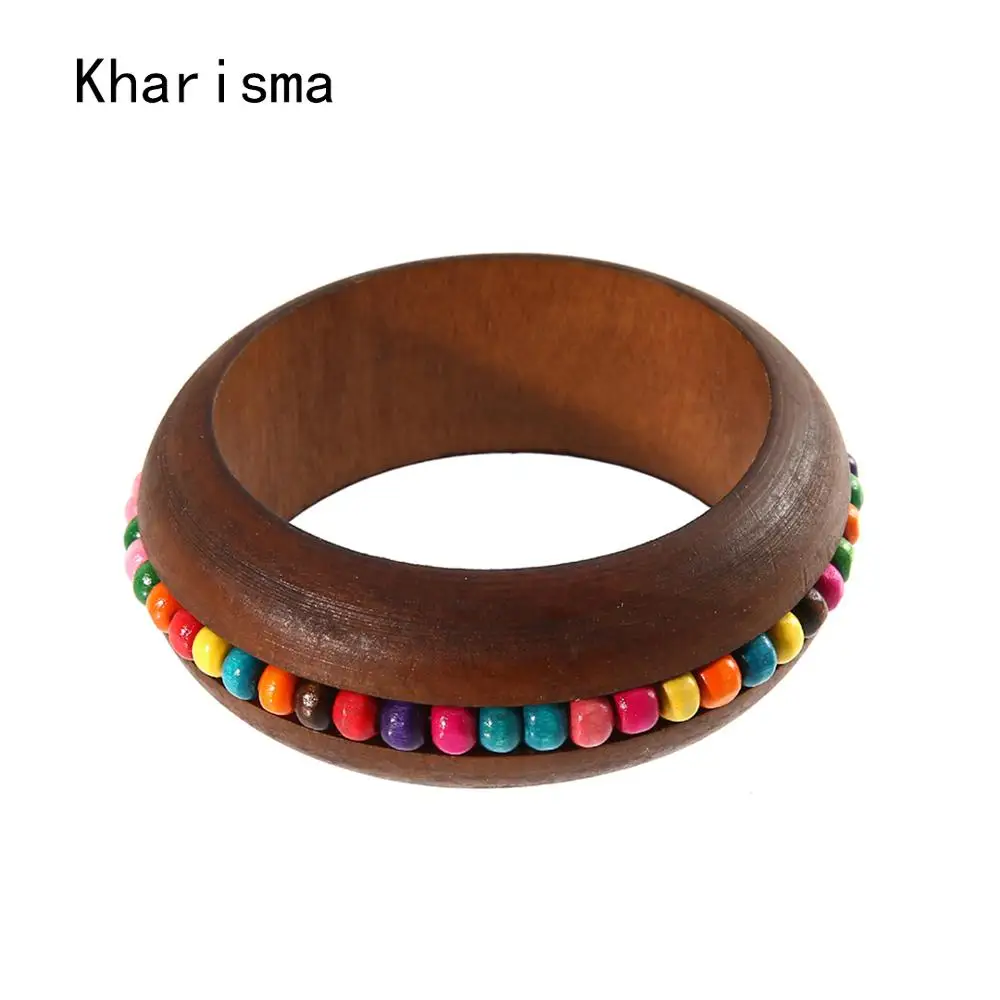 

KHARISMA 2019 Fashion African Women Round Brown Wooden Bangles Boho Plastic Beads Setting Bracelets For Lady Girls Wedding Party