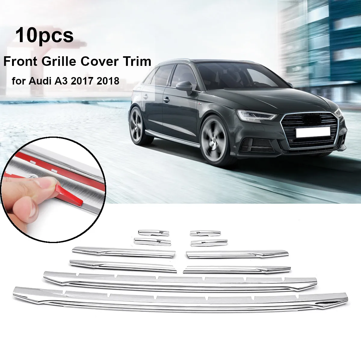 

Car Sticker Decals Front Grille Decorative Cover Chrome ABS Trim Strips 10pcs for Audi A3 2017 2018 Car Styling Bumper