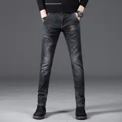 Мужские прямые хлопковые джинсы со средней талией Молодежные удобные дышащие эластичные тонкие брюки