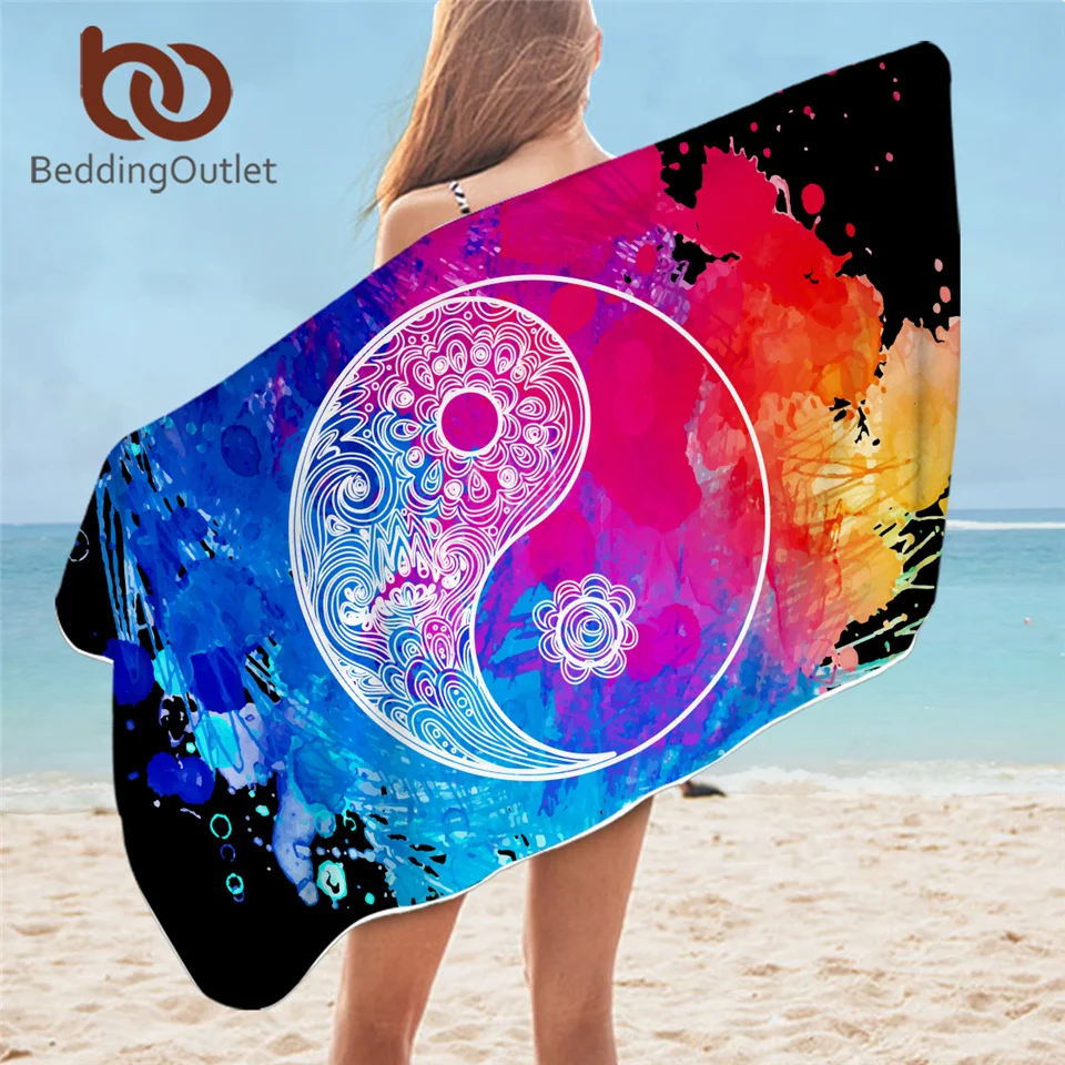 

BeddingOutlet Tai Chi Bath Towel Microfiber Beach Towel For Adult Watercolor Summer Blanket Yin Yang Balance Colorful Picnic Mat