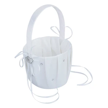

White Satin Double Heart Bow Wedding Crystal Flower Girl Basket + White Double Heart Crystal Ring Pillow