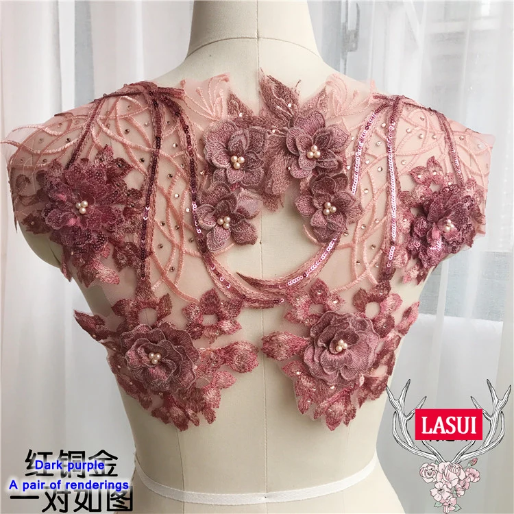 

LASUI 36*39cm High-grade 4 colors 3D flowers beaded, sequined lace applique Diy evening dress handmade accessories 0269