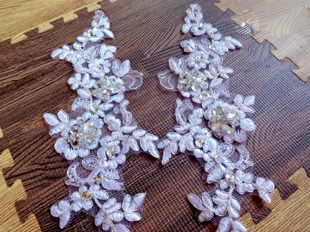 

Handmade sew on pure white patches Rhinestones lace applique Delicate embroidered 24*8cm