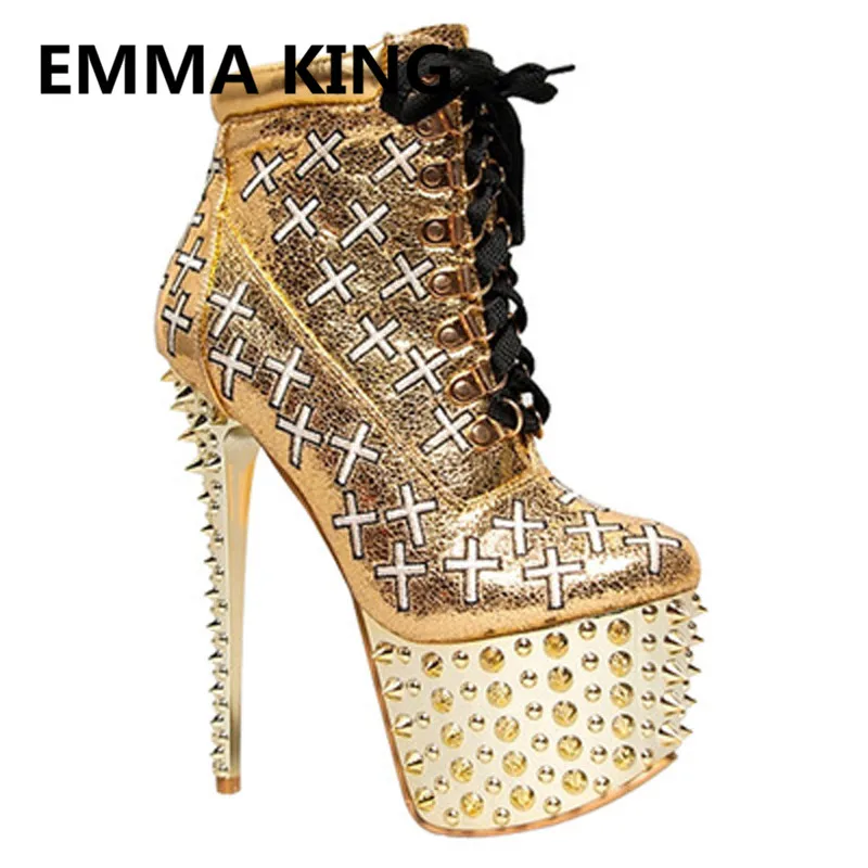 

2019 Punk Style Rivets Women Ankle Boots Round Toe Lace Up Spikes Studded High Heels Ladies Platform Shoes Woman Sexy Short Boot