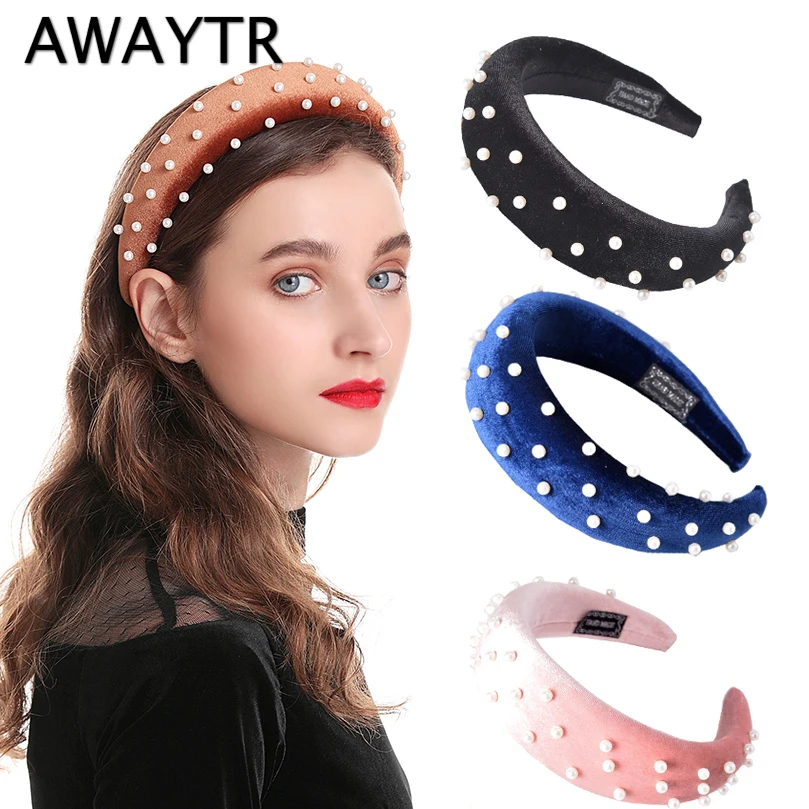 

AWAYTR Retro Padded Headband Ladies Velvet Crown Pearl Hairband for Women Girls Headdress Wedding Headpiece Hair Accessories