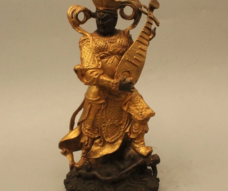 

9" China Chinese Tibet Buddhism Bronze Gild Pipa heavenly king Buddha Statue