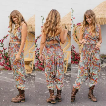 

2018 hirigin Summer Women Casual Beach Printed Wide Leg Trousers Loose High Waist Baggy Harem pants