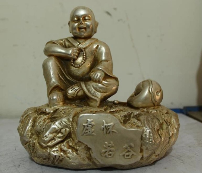 

R0722 Details about 8"China Tibet Silver Fane Folk carved eximous Lucky Sit shaveling Buddha Statue (B0328)