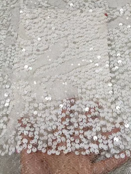 

2019 High quality white embroidered sequins African french tulle velvet lace fabric bridal for Nigerian dress 5 yards/lot