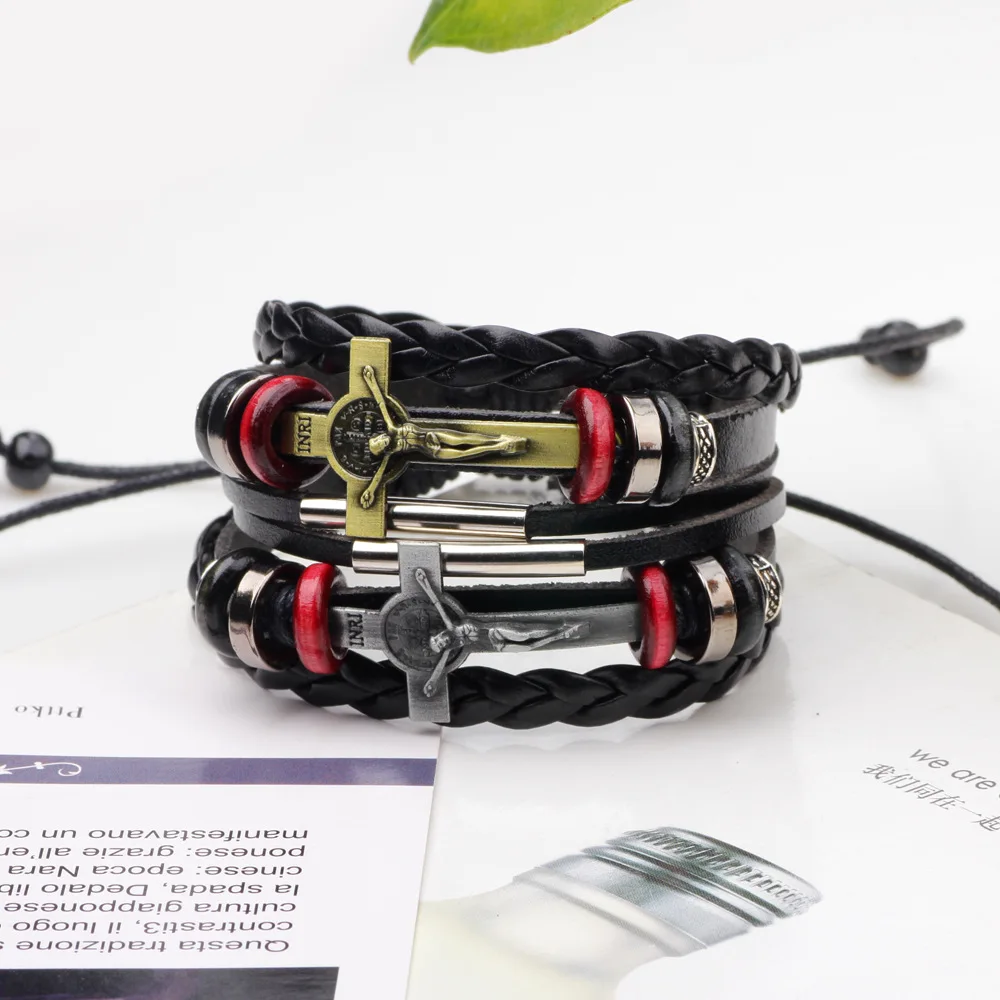 Multilayer INRI Leather Bracelets For Men and Women Leather Bracelets alloy Cross of Jesus Beaded 18163 leather bracelet
