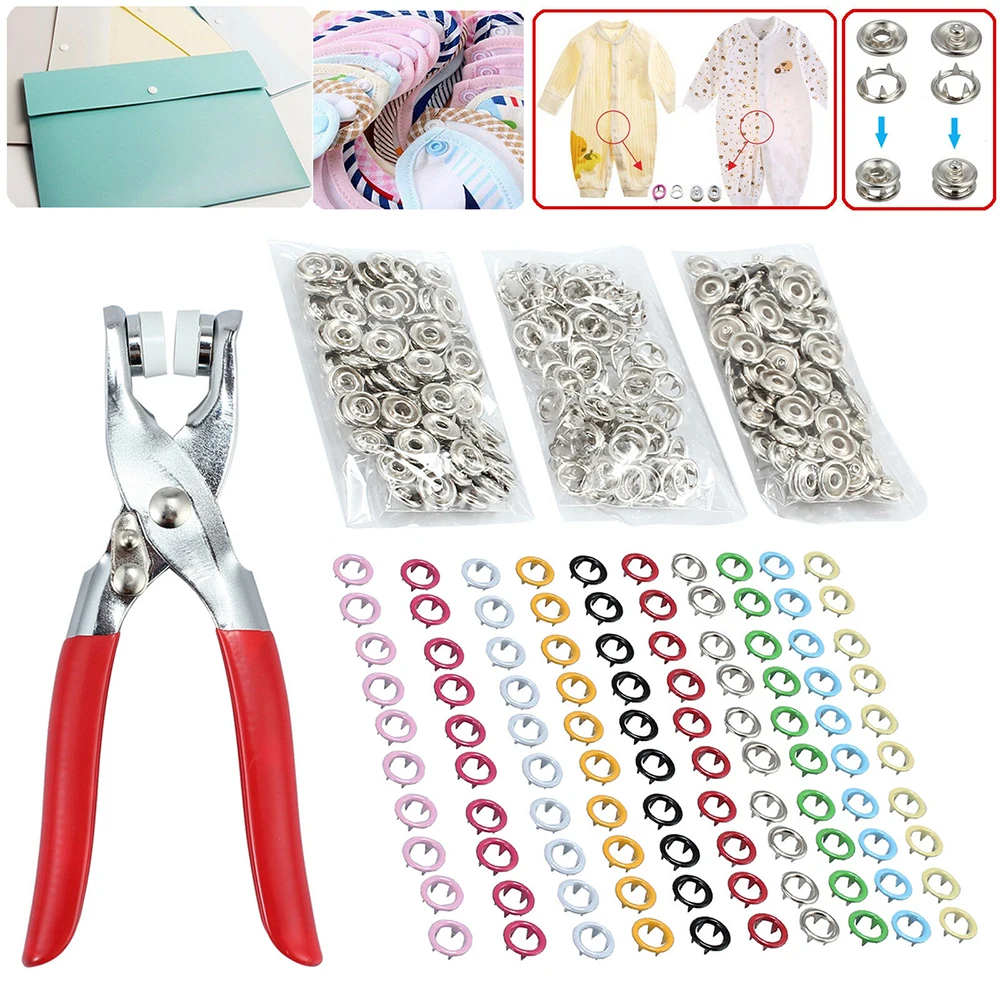 

100set 9.5mm Snap Button+Pliers Push Buttons Sewing Free Buttons Tool 10 Colors Ring DIY Clothes Supplies