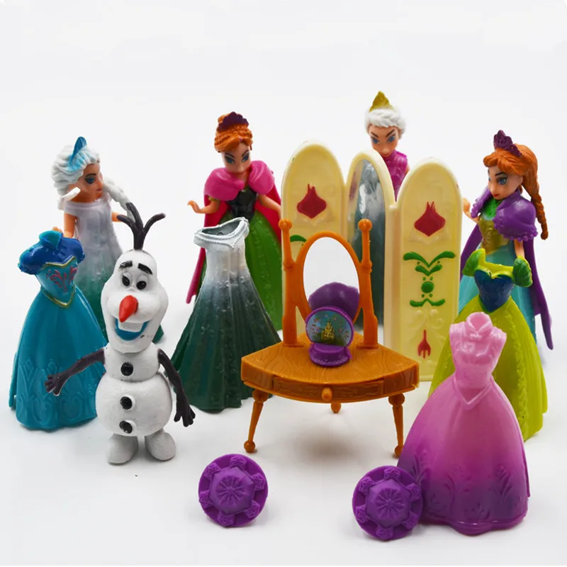 Disney 11pcs/Lot Frozen Princess Anna Elsa Olaf Figures Doll Toys Model Action Figure Set with Magic Clip Dress Girl Gift