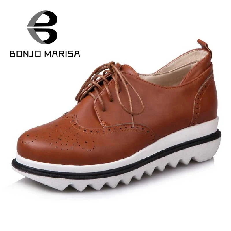

Bordered Women Pumps Fashion Med Heel Wedges Lace Up Round Toe Platform Shoes For Woman 2017 Big Size 33-43