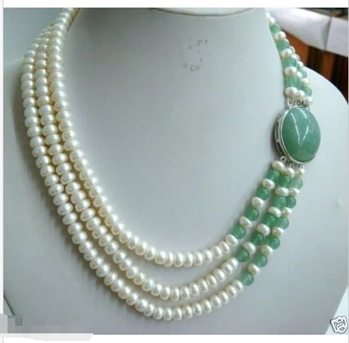 

>@@@@@ RH8PHM > Charming Women's Jewelry 3 row white freshwater pearl jade necklace AA1234 a -Top quality free shipping