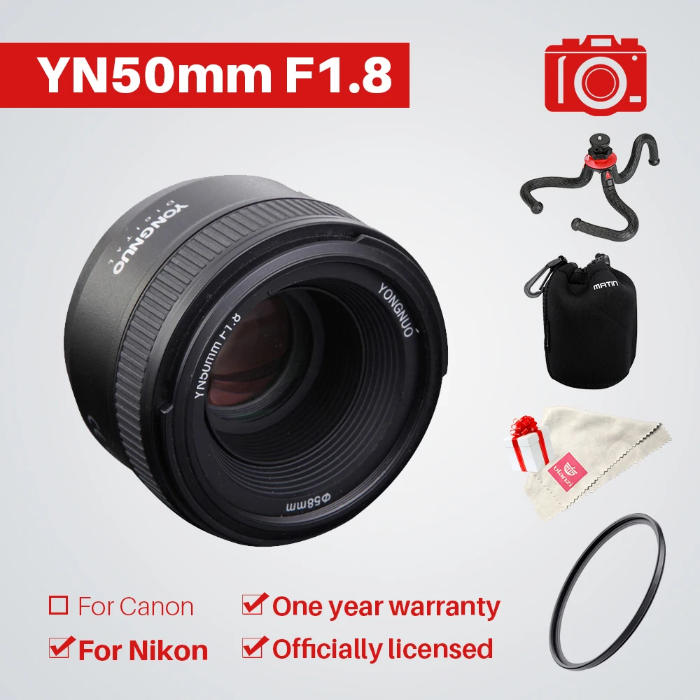 

YONGNUO YN50mm F1.8 1:1.8 lens Standard Prime Lens Large Aperture Auto Manual Focus AF MF UV Bag for Nikon DSLR Camera