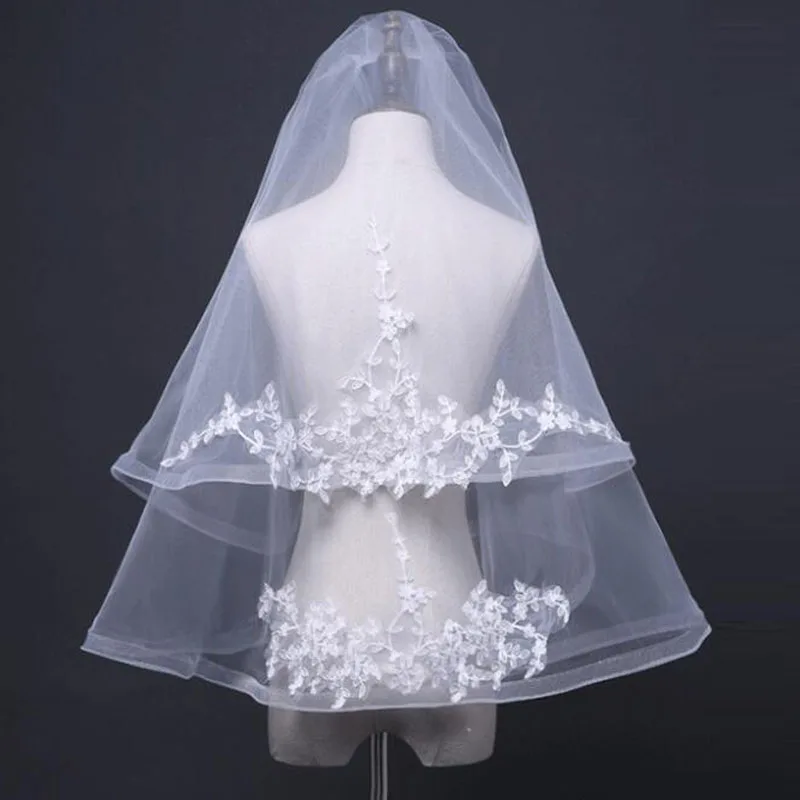 LORIE Two Layer Tulle Wedding Veils Short With Cut Edge White Lace Bridal Veil with Comb Free Shipping