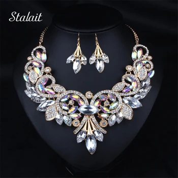 

Fashion Jewelry Big Water Drop Crystal Rhinestone Jewelry Set Purple Necklaces For Mum Gift Statement Jewelry in Anniversary