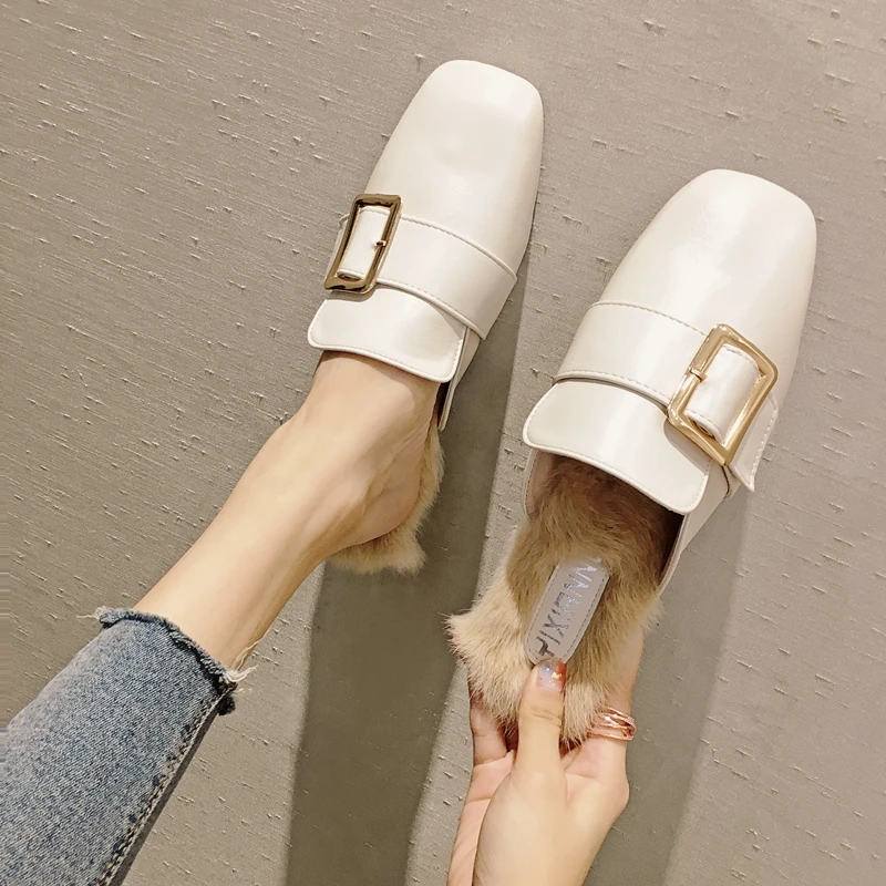 

square toe closed toe fur mules shoes women metal buckle flat slippers all-match furry loafers woman leather mules famous brand