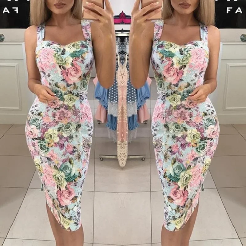 

VIEUNSTA Sundress Sexy V-neck Floral Print Dress Women Summer Backless Slim Midi Bodycon Dress Elegant Strap Party Dress Vestido