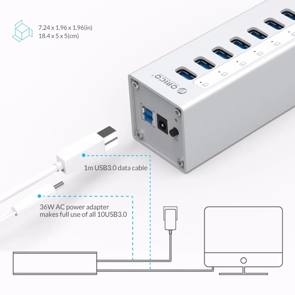 ORICO алюминиевый 10 портов мульти USB3.0 концентратор интерфейс Высокая скорость 5 Гбит/с разветвитель для ПК ноутбук 12 В адаптер питания Серебро