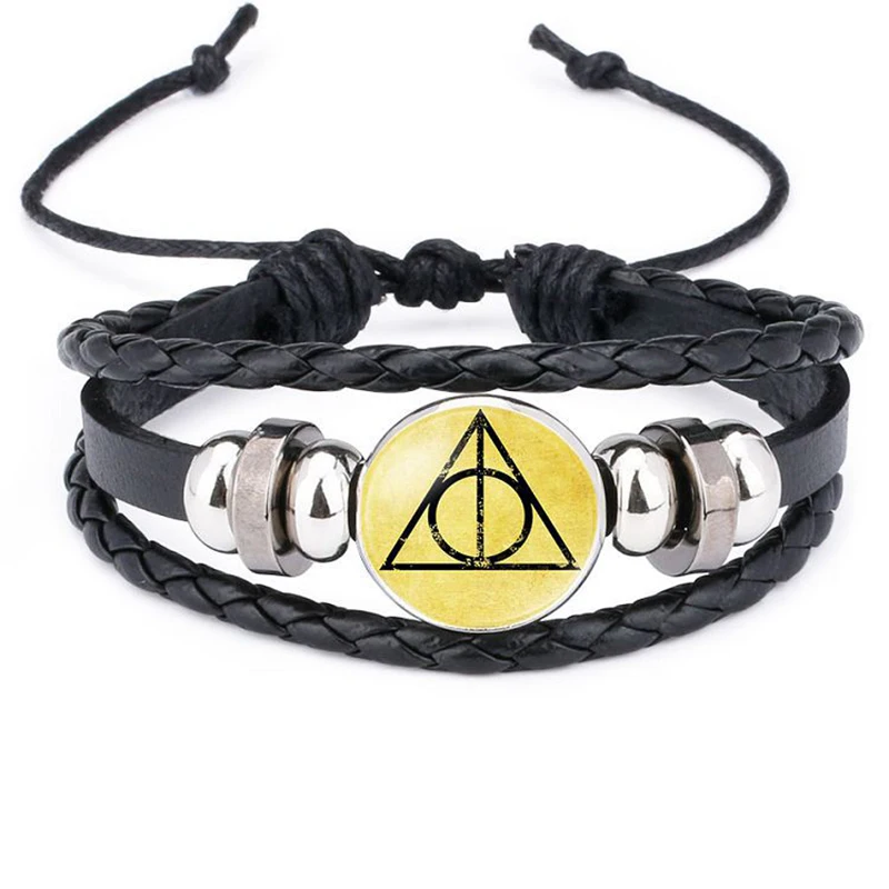 

Vintage Harry P Death Triangle Pattern Bracelets Unisex Multi Thong Braided Thin 9 3/4 Leather Bracelet Wristband Jewelry